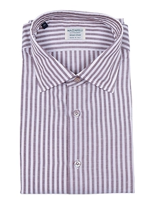 Mazzarelli Camicie Camicia In Misto Lino/Cotone A Righe Bianca E Marrone Slim Fit