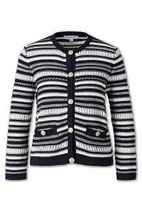 Veronica Beard Bellingham Openwork Striped Crewneck Cardigan