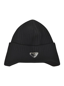 Prada Enamel-Logo Turn-Up Brim Beanie