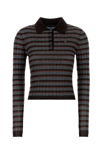 Prada Striped Embroidered Knitted Polo Top