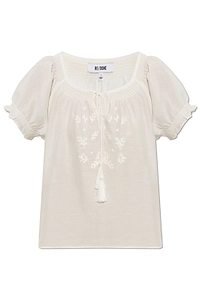 Re/Done Katie Embroidered Tie-Neck Top