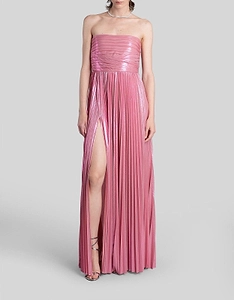 Retrofete Sevyn Pleated Strapless Thigh-High Split Dress