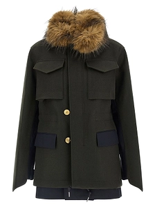Sacai Long-Sleeved Shearling Detailed Coat