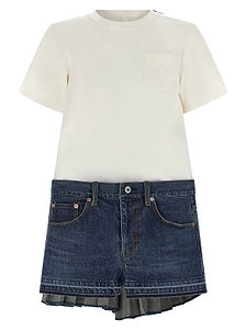 Sacai Pleated-Back Crewneck Denim Dress