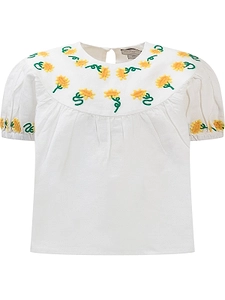 Motif-Embroidered Ruched Crewneck Blouse