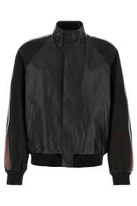 Gucci Web Detailed Grainy Leather Bomber Jacket
