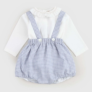 Scalloped-Collar Checked Overalls Suit