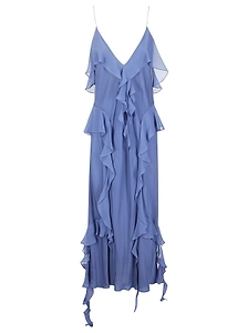 Ruffle-Trim Plunging V-Neck Maxi Dress