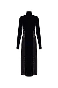 Lanvin Velvet-Panel Open-Back Turtleneck Dress