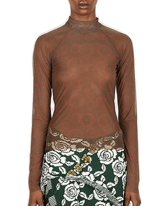 Graphic-Printed Sheer Mock Neck Top