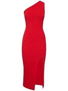 Ribbed Stretch Crepe Asymmetric Slit Dress