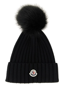 Moncler Logo Patch Pompon Knitted Beanie