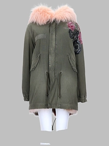 Embroidered Fur Trim Parka Coat