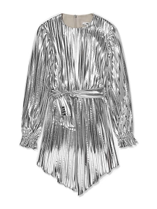 Long-Sleeved Pleated Metallic Mini Dress