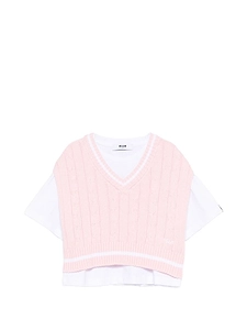 Msgm Kids V-Neck Cable-Knit T-Shirt