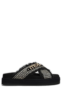 Mou Logo Plaque Open Toe Crisscross Flats