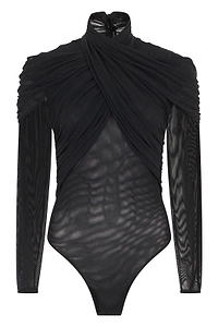 Mugler Draped Mesh Long Sleeve Bodysuit