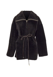 Novelle Patty Short Belted Shearling Coat