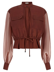 Brunello Cucinelli Sheer Sleeve Drawstring Top