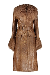 Burberry Printed Belted Fur-Trim Coat