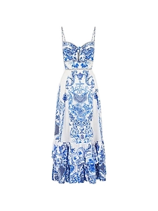 Ceramic Panoramic Ruffle Hem Tie Front Midi Dress