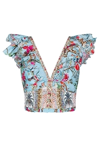 Camilla Floral Printed Deep V-Frill Short Sleeve Top
