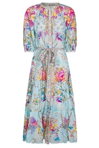 Camilla Floral Printed Puff Sleeve Tied Midi Shirt Dress