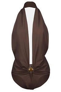 Christopher Esber Mineral Stone Ruched Halter One Piece Swimsuit