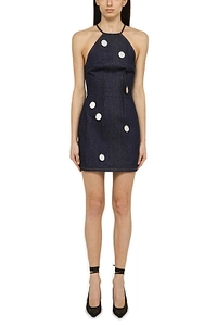 David Koma Mirror-Detailed Halterneck Mini Denim Dress