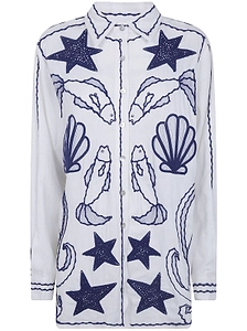 Farm Rio Fish Embroidered Puff Sleeved Shirt