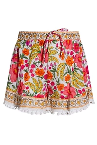 Farm Rio Floral-Print Pom-Pom Drawstring Shorts
