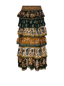 Farm Rio Mixed Scarf Ruffled Maxi Skirt