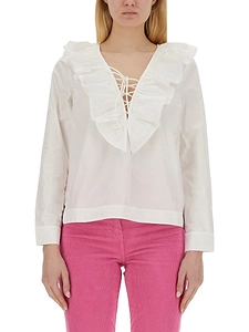 Ganni Ruffled V-Neck Straight Hem Shirt