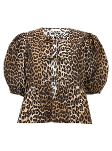 Ganni Printed Peplum Tie Blouse