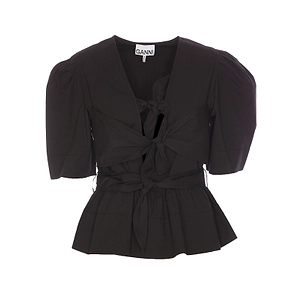 Ganni Bow Detailed Puff-Sleeved Blouse