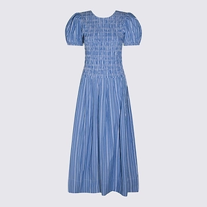 Ganni Smocked Puff-Sleeve Dress