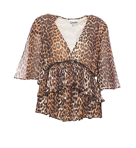 Ganni Leopard Printed Pleated V-Neck Blouse