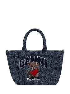 Ganni Tweed Denim Small Bear Tote Bag
