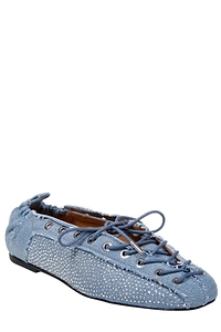 Ganni Embellished Lace-Up Denim Ballerina Flat Shoes