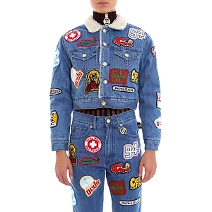 Patch Embellished Shearling Denim Jacket