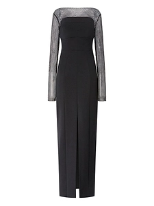 Genny Mesh-Sleeve Rhinestone Dress