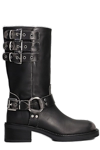 Gisel Moire Bredford Buckle Detailed Round Toe Boots