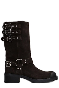 Gisel Moire Bredford Buckle Detailed Round Toe Boots