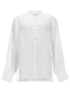 120% Lino Band Collar Button-Up Top