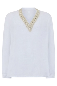 120% Lino Embellished V-Neck Top