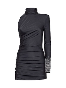 Alina Ruched Rhinestone-Sleeve Dress
