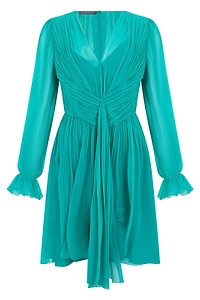 Alberta Ferretti V-Neck Pleated Long-Sleeved Dress