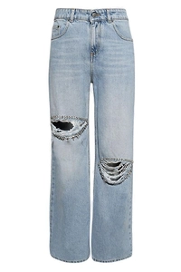 Area Distressed Embellished Relaxed Slit Jeans