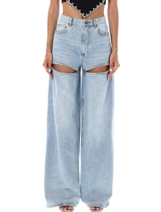 Area Embellished Cut-Out Detailed Wide-Leg Jeans