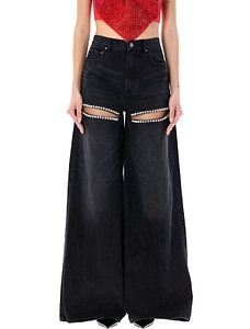Area Embellished Cut-Out Wide Leg Jeans